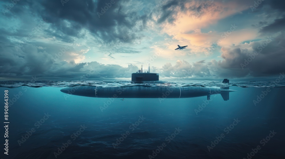 Submerged Power: Military Nuclear Submarine and Fighter Jet in Ocean ...