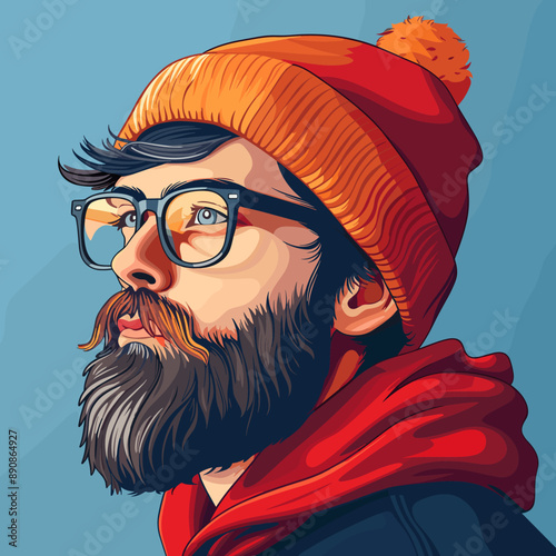 A man with a beard and glasses is wearing a red hat and a red scarf. He has a serious expression on his face