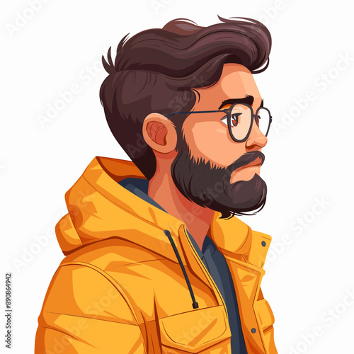 A man with a beard and glasses is wearing a yellow jacket. He looks serious and focused. The jacket is made of a thick material and has a hood, which suggests that it is meant to keep the wearer warm