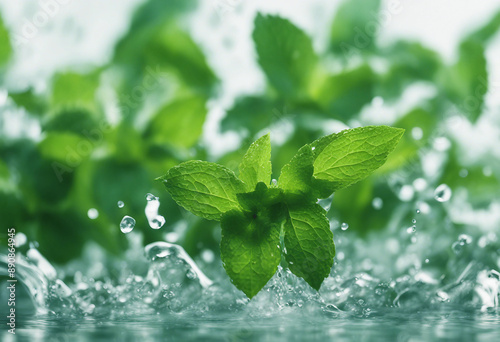 Fresh green mint leaves splashing with water cut out photo