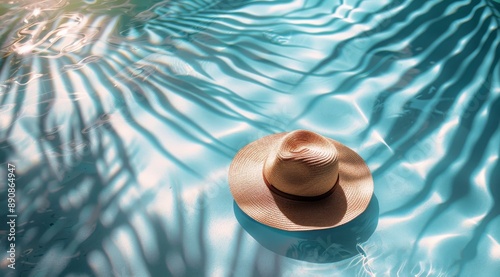 Straw Hat Floating in a Pool of Blue Water With Palm Tree Shadows