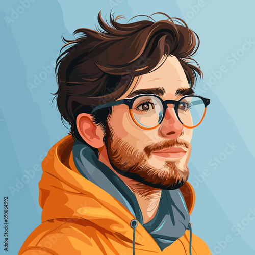 A man with glasses and a beard is wearing a yellow hoodie. He has a friendly and approachable expression on his face