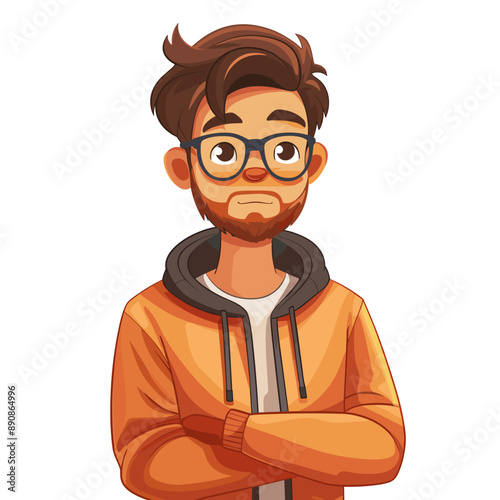 A man with glasses and a beard is wearing an orange hoodie and is looking down. He is in a serious or contemplative mood