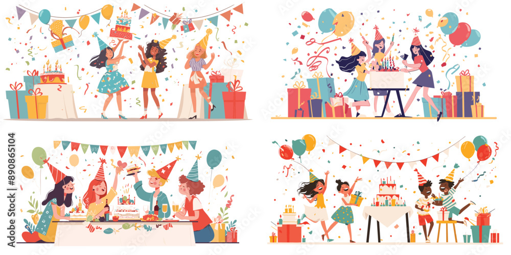 Vector illustration of friends celebrating a birthday party, ideal for festive backgrounds, wallpapers, and event invitations.