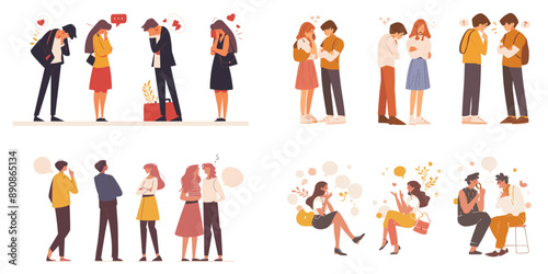 Vector illustration of couples and groups having conversations, perfect for social-themed backgrounds, wallpapers, and educational materials. 