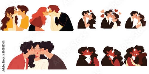 Romantic vector illustration of couples kissing, perfect for love-themed backgrounds, wallpapers, and greeting cards.

