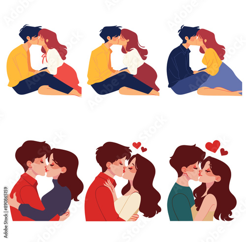 Romantic vector illustration of couples kissing, perfect for love-themed backgrounds, wallpapers, and greeting cards.
