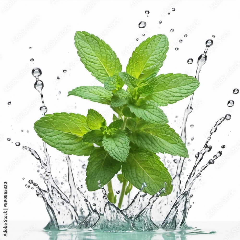 fresh mint in water splash