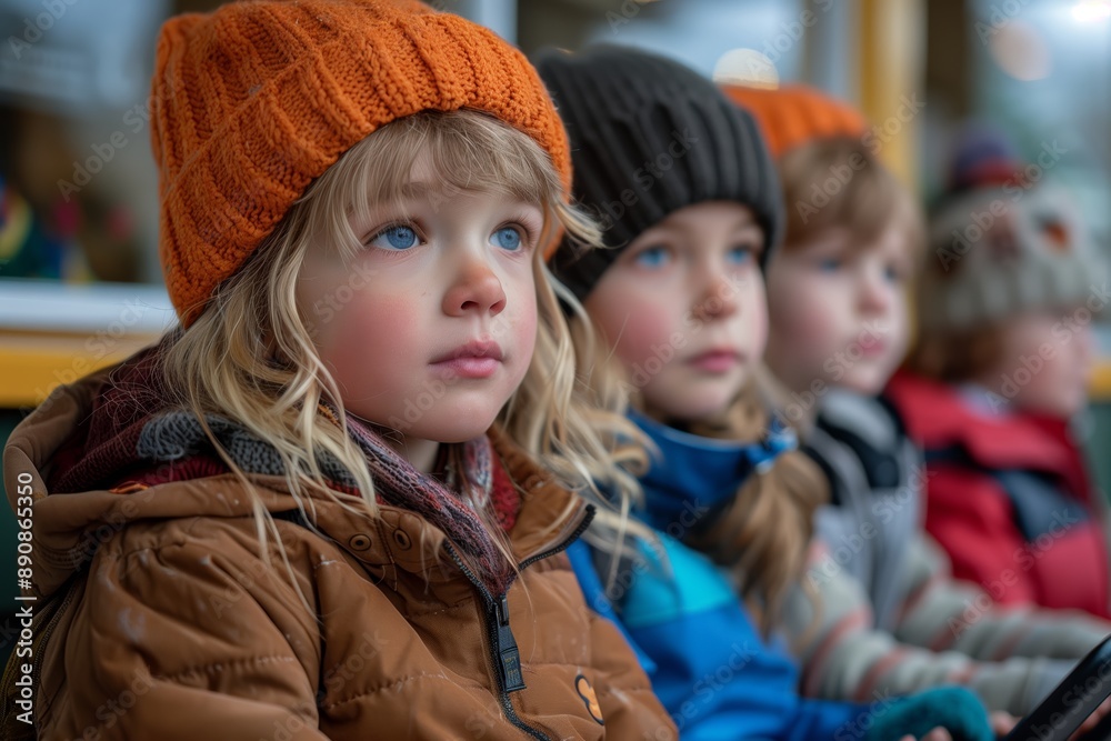 Young Girl With Orange Knit Hat Looking Away From The Camera Young Girl With Orange Knit Hat Looking Away From The Camera