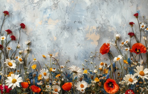 A Field of Colorful Flowers Blooming Near a Gray Wall