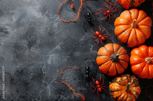 Orange Pumpkins and Black Spiders on Dark Grey Background for Halloween