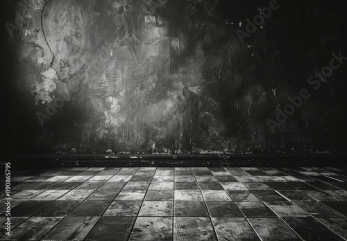 Black And White Photo Of A Cracked Concrete Wall And Wooden Floor