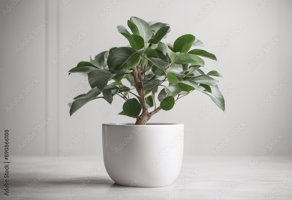 Green Ficus tree planted in a white ceramic pot Decorative presentation background Green Ficus tree planted in a white ceramic pot Decorative presentation background