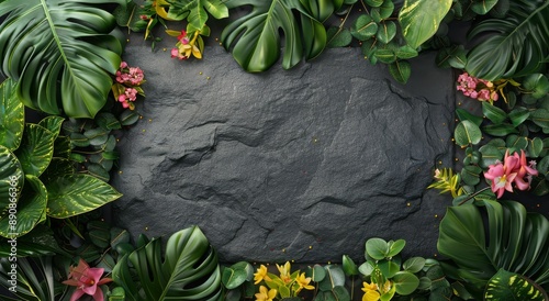 A Grey Slate Rock Surrounded by Vibrant Green and Yellow Plants