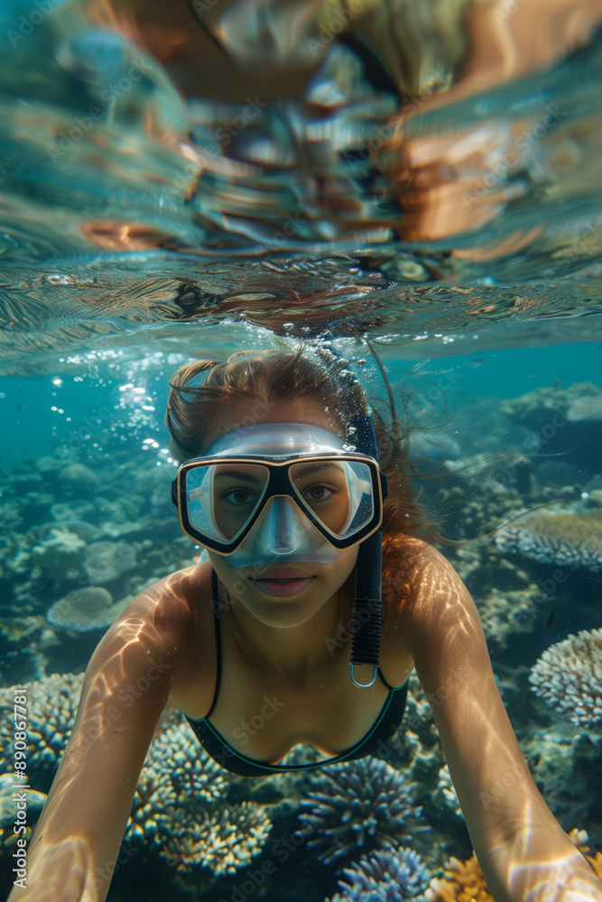 Naklejka premium Underwater Exploration: A Woman's Eyes Beneath the Waves of the Java Sea