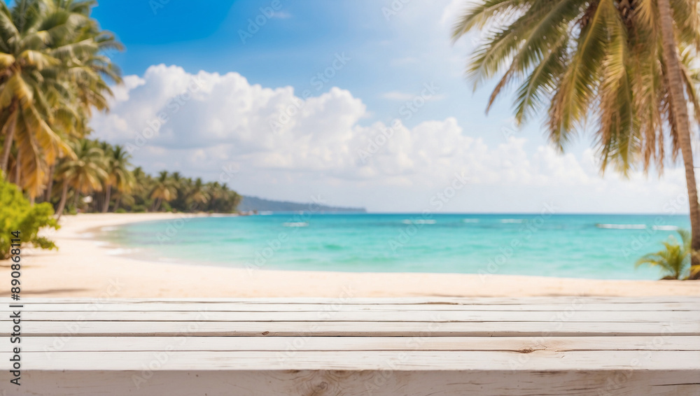 close up empty white wooden desk with blurred background of beach with coconut trees close up empty white wooden desk with blurred background of beach with coconut trees