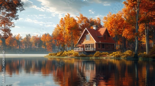 Autumnal Lakefront Cabin With Colorful Trees and Reflections