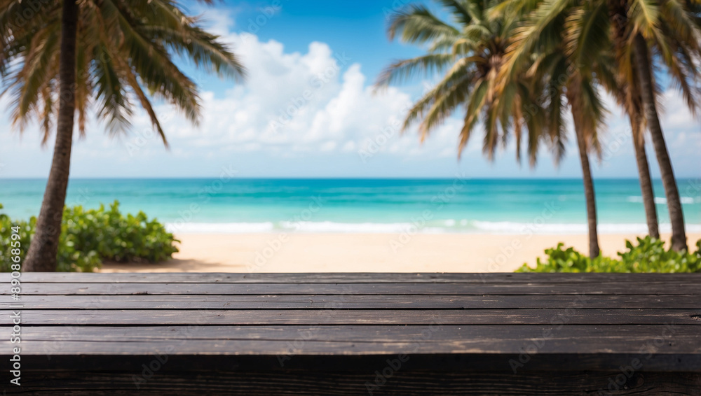 close up empty black wooden desk with blurred background of beach with coconut trees close up empty black wooden desk with blurred background of beach with coconut trees