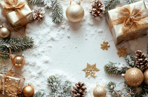 Gold Christmas Gifts and Evergreen Branches on Snowy White Background