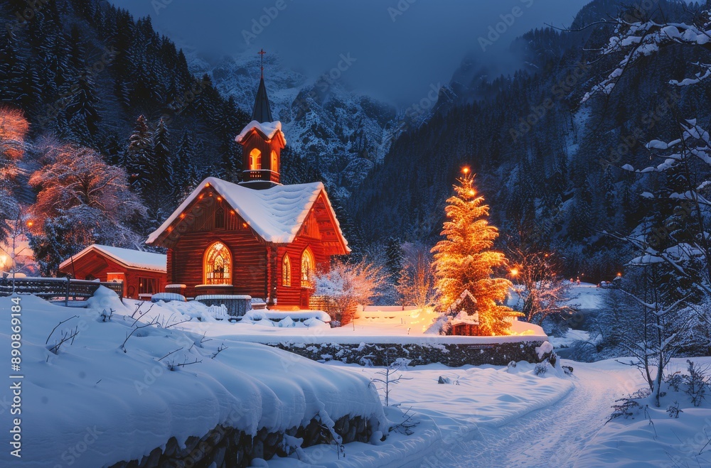 custom made wallpaper toronto digitalIlluminated Christmas Tree in Front of a Snowy Mountain Cabin