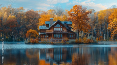 Autumnal Lakefront Cabin With Colorful Trees and Reflections