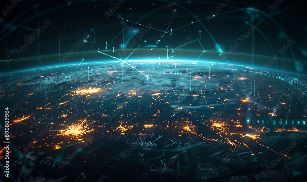 Obraz premium Connection lines around the Earth's surface, future technology backdrop with circles and lines. Internet, social media, travel, or logistical, Generative AI