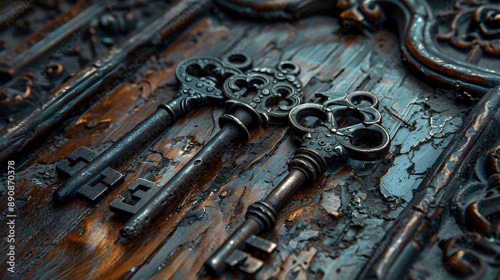 A bunch of large antique keys close-up lies on an antique carved door removed from its hinges A bunch of large antique keys close-up lies on an antique carved door removed from its hinges