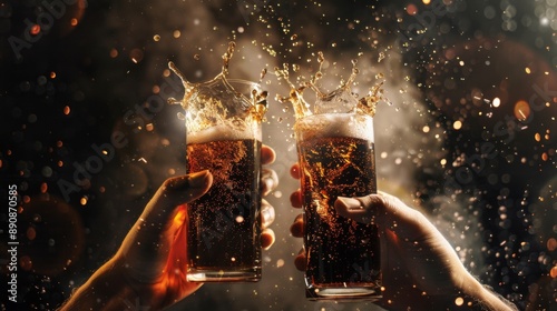 Two hands holding glasses of beer toasting with splashing liquid.