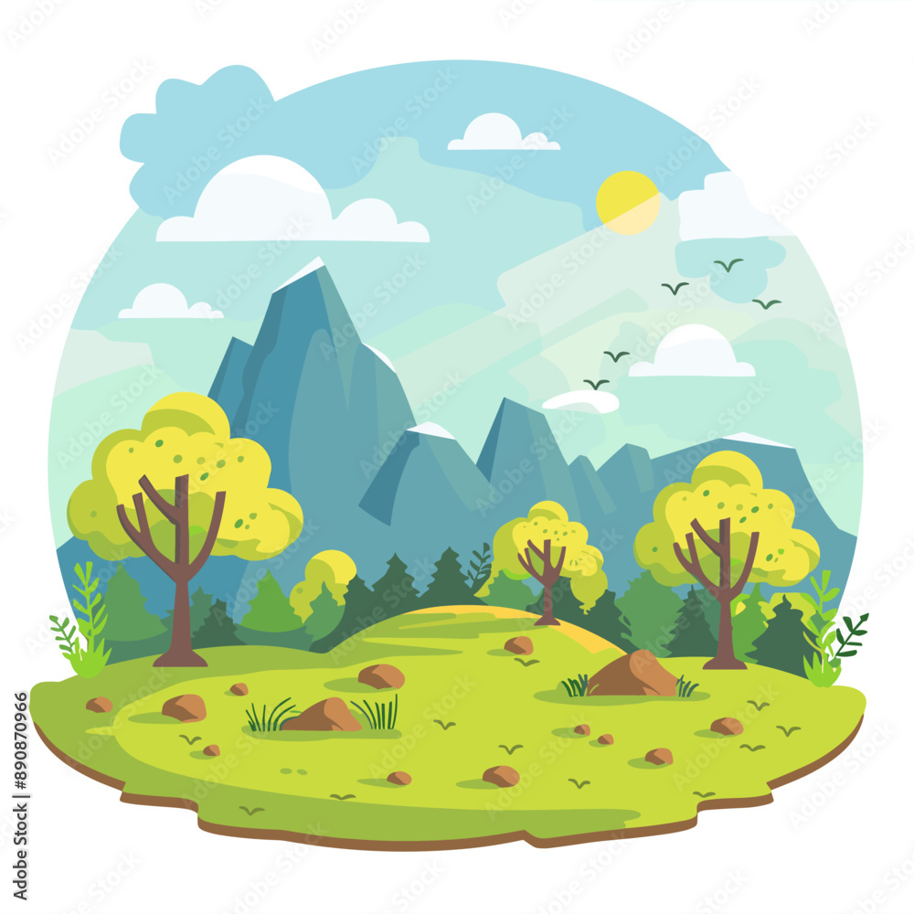 Obraz premium Mountain landscape with forest and meadow. Flat style vector illustration.