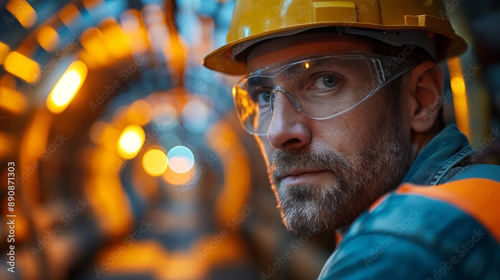 Fototapeta premium Male worker in hard hat and safety glasses, industrial setting with orange lighting, professional engineer portrait