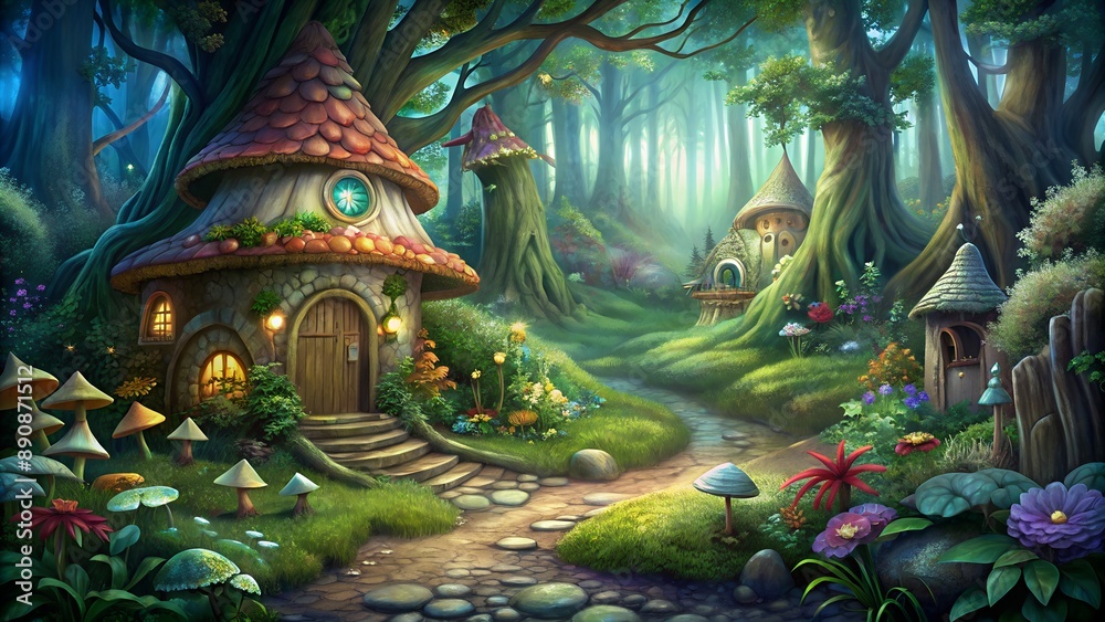 Fairytale forest path leading to mushroom houses