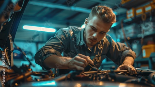 A skilled mechanic examines the interior of a car’s engine bay with precision at an automotive service center.