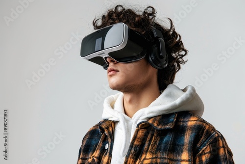 Young man using virtual reality headset isolated in white PNG, VR, future gadgets, technology, virtual event, video game concept, Generative AI