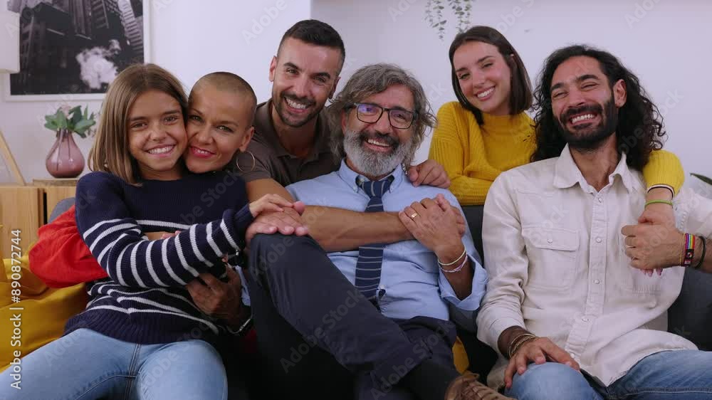 Portrait of big multi generational happy family. Photo group of grandfather, mother, father, aunt, ancle and granddaughter sitting together on sofa at home