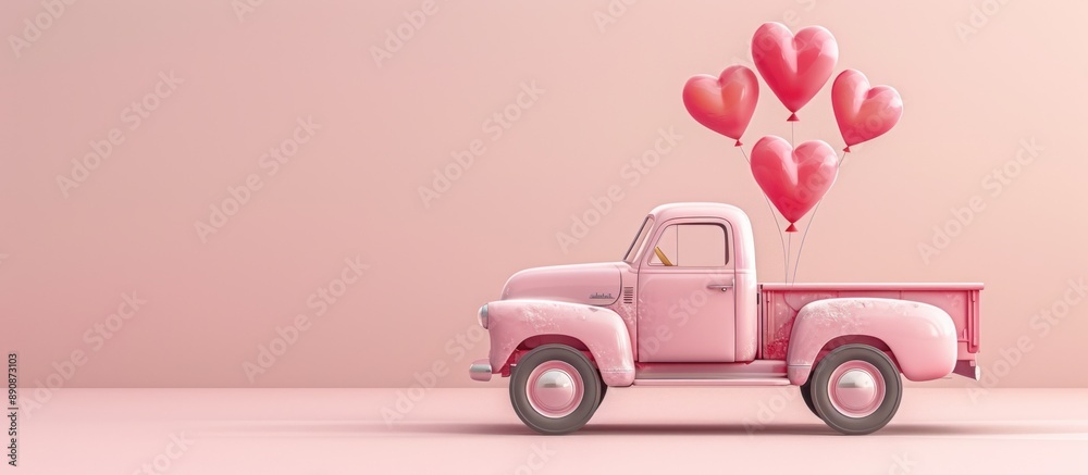 Pink Pickup Truck with Heart Balloons Pink Pickup Truck with Heart Balloons