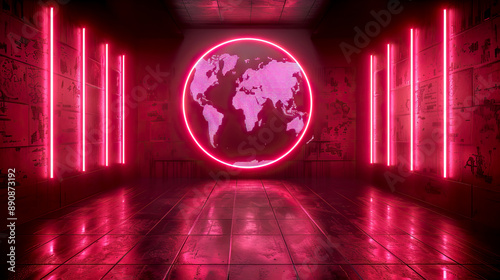 Pink neon map in a dark room of a villain's lair, digital lights glowing illuminating a globe, high tech abstract world display