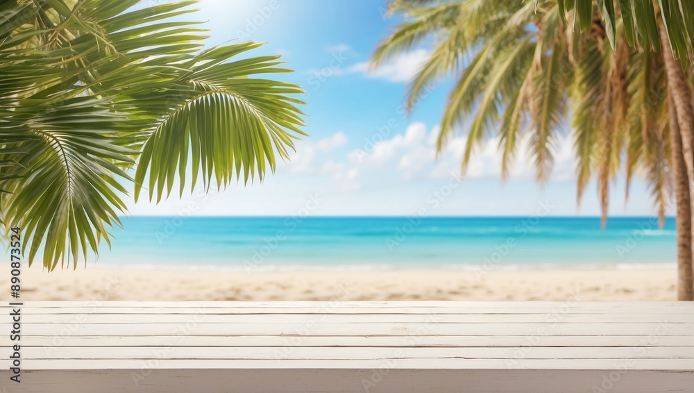 Empty white wooden table and palm leaves with party on beach blurred background in summer time Empty white wooden table and palm leaves with party on beach blurred background in summer time