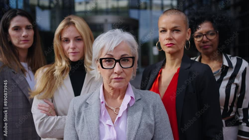 Working group formal business women of different ages looking serious at camera together with confident expression outdoors. Mature Caucasian professional female leader posing empowered in foreground 