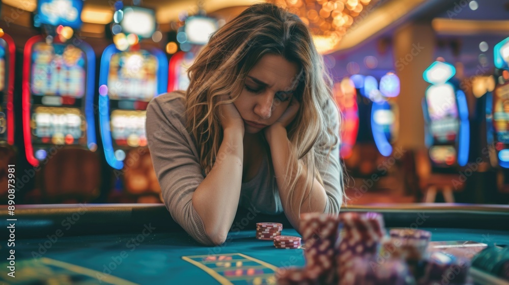 Fototapeta premium A woman sits at a casino table looking dejected, possibly losing or frustrated