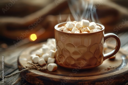 A rustic mug filled with steaming hot chocolate topped with marshmallows.  Perfect for cozy autumn or winter days.