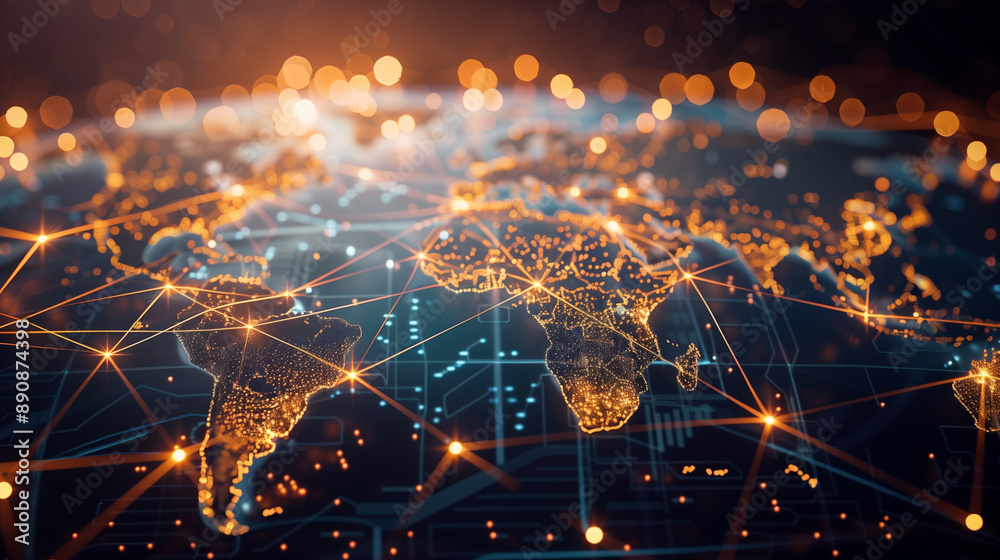 world map and network lines