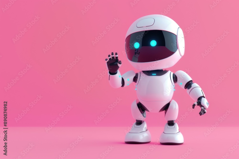 White Robot Waving on Pink Background White Robot Waving on Pink Background