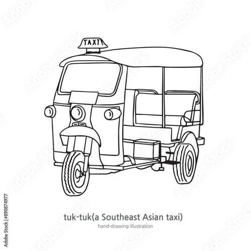 tuk-tuk, It is a taxi with three wheels of transportation in Thailand. hand-drawn line illustration