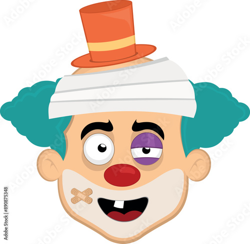 vector illustration face character clown cartoon injured with bandages on his head, a black eye, a single tooth