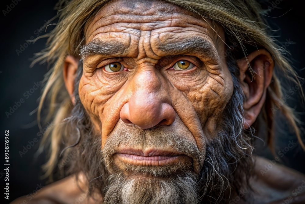 Detailed three-quarter views of a realistic Neanderthal man model showcase intricate facial features, wrinkles, and textures, highlighting humanity's ancient ancestors' rugged physiognomy. Detailed three-quarter views of a realistic Neanderthal man model showcase intricate facial features, wrinkles, and textures, highlighting humanity's ancient ancestors' rugged physiognomy.