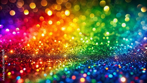 Fototapeta Naklejka Na Ścianę i Meble -  Vibrant rainbow glitter background texture with shiny, sparkly, colorful particles scattered evenly, creating a festive, celebratory, and joyful abstract design element.