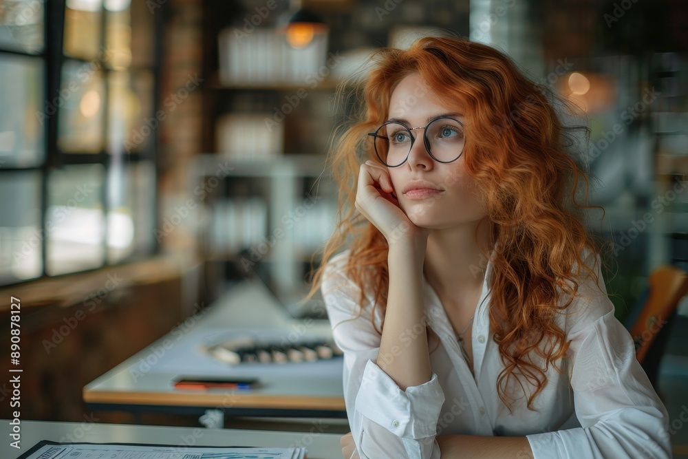 Thoughtful business woman holding a mobile phone in her workplace, Generative AI