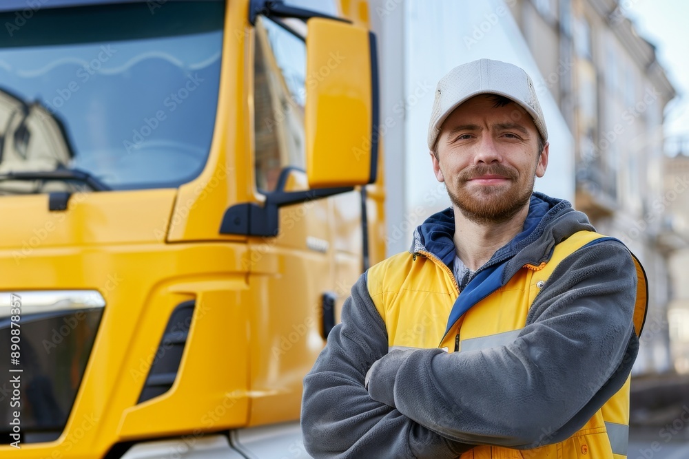 A young woman poses in front of her first cargo truck before embarking on a cross-country tour. Beautiful simple AI generated image in 4K, unique. A young woman poses in front of her first cargo truck before embarking on a cross-country tour. Beautiful simple AI generated image in 4K, unique.
