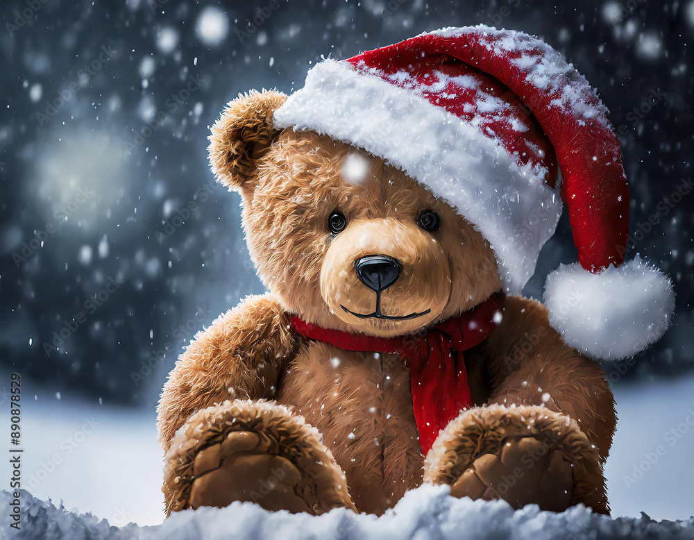 Teddy bear in Santa's hat, Christmas, snow, background Teddy bear in Santa's hat, Christmas, snow, background