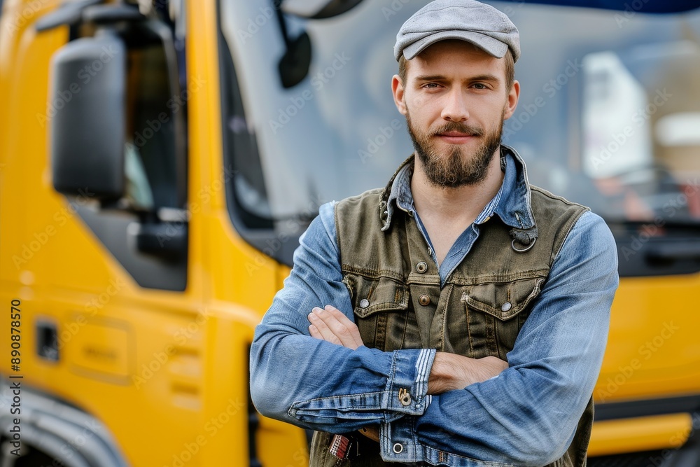 A young woman poses in front of her first cargo truck before embarking on a cross-country tour. Beautiful simple AI generated image in 4K, unique. A young woman poses in front of her first cargo truck before embarking on a cross-country tour. Beautiful simple AI generated image in 4K, unique.